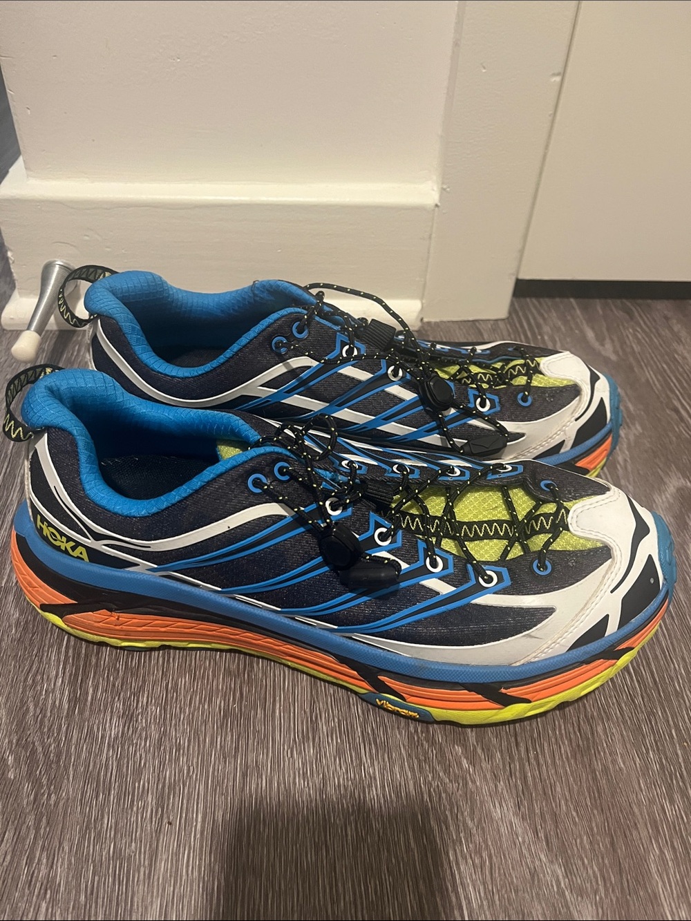 Hoka Men's Blue White Neon Yellow Orange Trail Sneakers